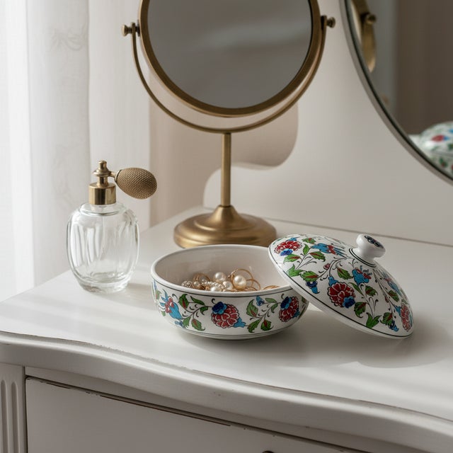 Turkish Handmade Ceramic Lidded Trinket Box & Jewelry Bowl – Colorful Floral “Bonbonniere” Style Decorative Container For Sale - Image 3 of 9