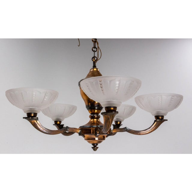 Chandelier or Lustre, French Red copper and frosted glass Mid-century Good antique condition. European Plug (up to...