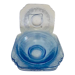 1930s Blue Depression Glass Madrid Soup Bowls - Set of 4