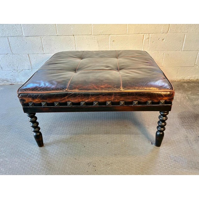 Luxury Large Shabby Chic Leather Ottoman | Vintage Leather Footstool | Nailhead Detail | Turned Spindle Legs | Rich Patina...