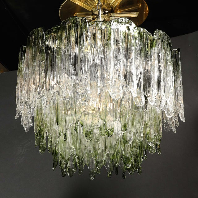 Mid-Century 3-Tier Hand-Blown Murano Green Glass Fiamme Chandelier by Mazzega For Sale - Image 10 of 18