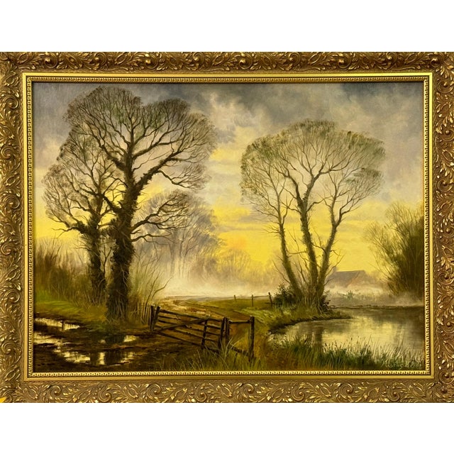 Moody Dawn Mist with Winter Trees in a Rural Village in the English Countryside 1988 For Sale