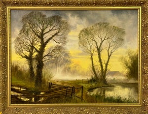Moody Dawn Mist with Winter Trees in a Rural Village in the English Countryside 1988
