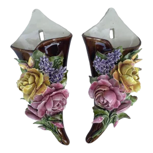 Pair of French Majolica Flowers Wall Pockets Choisy Le Roi, Circa 1890