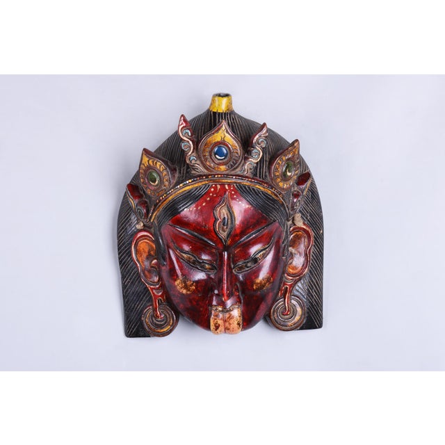 Red Antique Asian Facial Mas in Lacquered and Painted Wood, 1890s For Sale - Image 8 of 8