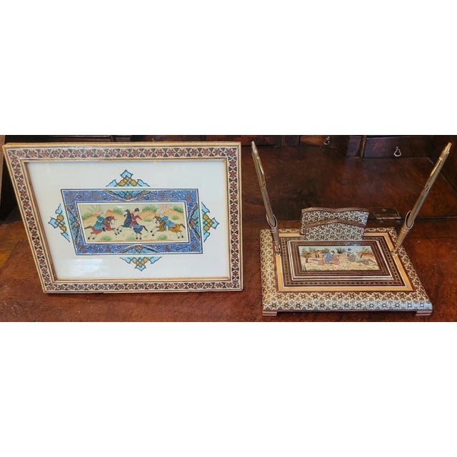 PRESENTING A LOVELY Hand-painted Persian Desk Set with Khatam Mosaic. Pair of items in the Set: (1) Hand-painted Bone...