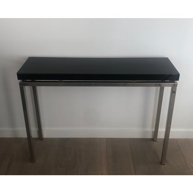1970s Chrome Console With Thick Black Lacquered Top. French Work. Circa 1970 For Sale - Image 5 of 12