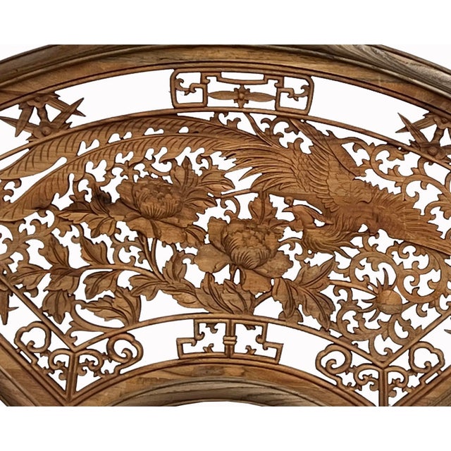 2020s Chinese Fan Shape Phoenix Flowers Wood Wall Hanging Panel For Sale - Image 5 of 6