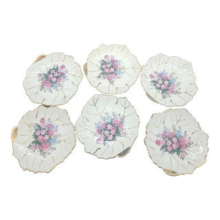 Vintage Nasco, Made in Japan 6” Gilded Leaf Shaped Vanity Trinket/Plates (Set of Six) W/Floral Pattern For Sale
