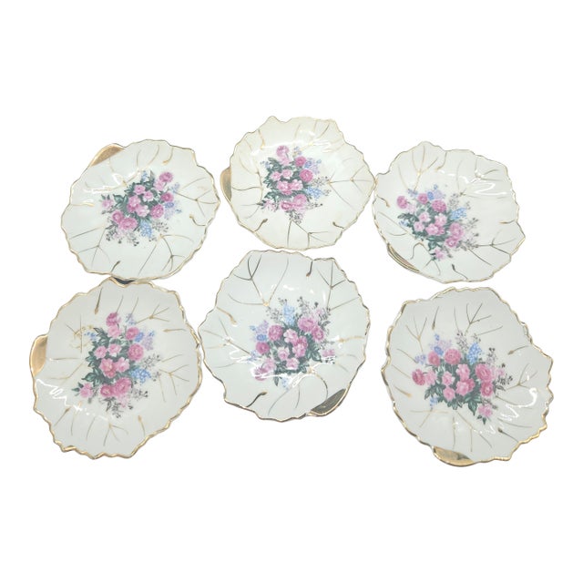 Vintage Nasco, Made in Japan 6” Gilded Leaf Shaped Vanity Trinket/Plates (Set of Six) W/Floral Pattern For Sale