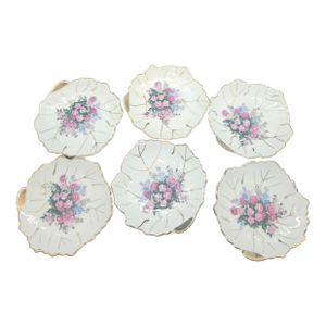 Vintage Nasco, Made in Japan 6” Gilded Leaf Shaped Vanity Trinket/Plates (Set of Six) W/Floral Pattern