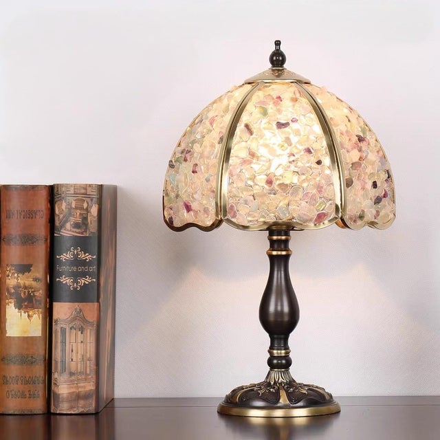 Shade is color stone collage (mixed gravel + gilded copper frame, dreamy light transmission), body is dark brown solid...