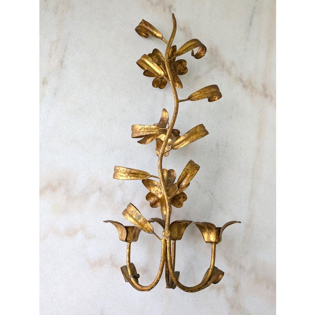 Metal Vintage Italian Florentine Gilt Tole 3 Arm Candle Sconce For Sale - Image 7 of 7