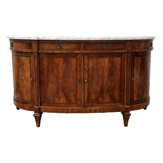 French 19th Century Louis XVI Mahogany Carrara Marble Top Demilune Sideboard For Sale