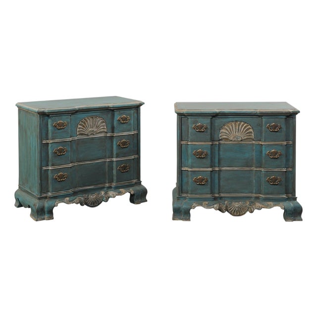 Mid 20th Century Shell Motif Pair of Chests Painted in Rich Peacock For Sale