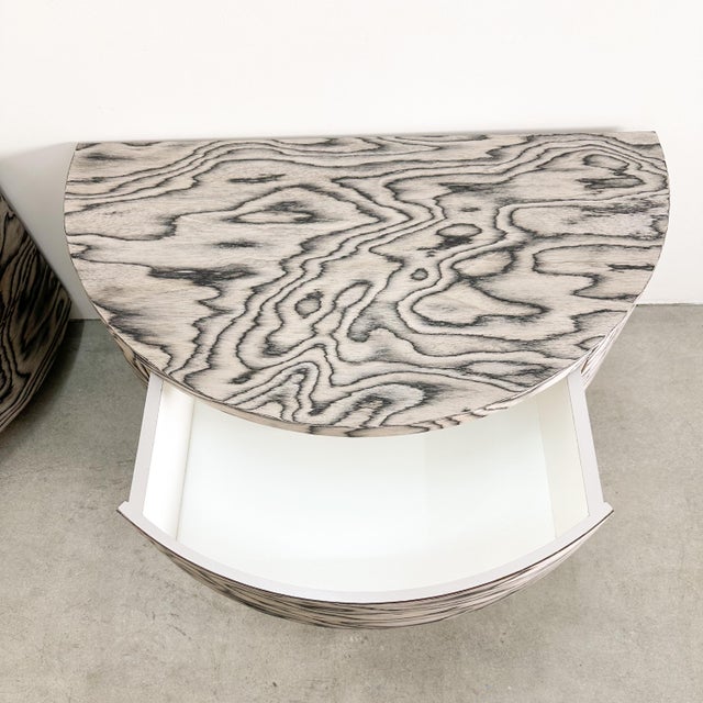 Wood Vintage Postmodern Semicircle Halfmoon Nightstands in Ettore Sottsass Veneer by Alpi 70s 80s For Sale - Image 7 of 11