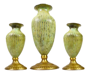 Vintage Distressed Green Brass Gold Metal Pedestal Vase - Set of 3
