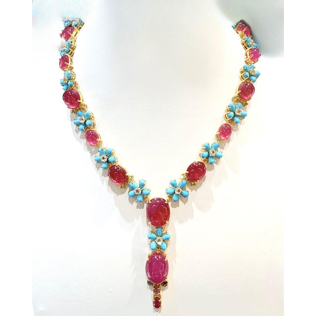 Bochic “Capri” Vintage Ruby, White Topaz & Turquoise Necklace - 18K & Silver Drop Necklace, Multi natural gem necklace...