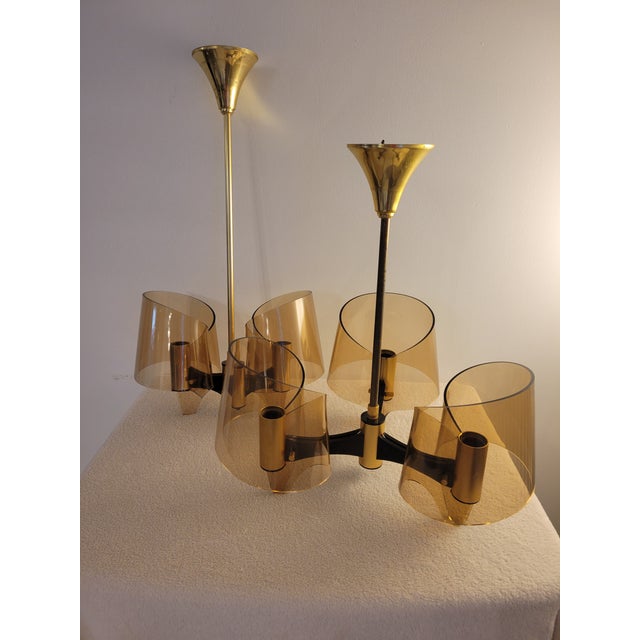 Mid-Century Modern 1970s French Space Age Amber Glass & Brass Chandelier Set by Michel Dumas - a Pair For Sale - Image 3 of 15