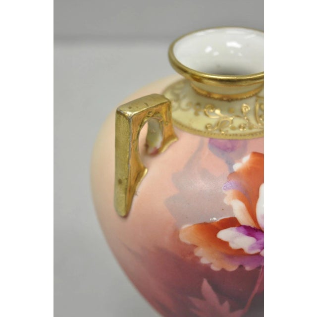 Pink Antique Nippon Hand Painted Porcelain Small Pink Floral Vase W Gold Twin Handles For Sale - Image 8 of 12