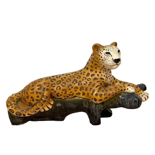 An Original 1970's Chalkware Leopard Statue Hand Made in Mexico Monumental Sized - 25" Wide Wonderful Hand Painted...
