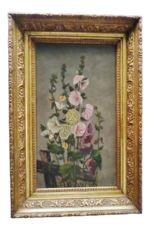Antique Hollyhocks Oil Painting in Original Gold Gilt Flower Design Frame