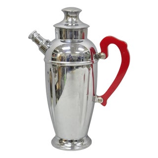 Vintage Art Deco Chrome Cocktail Martini Shaker Red Bakelite Handle by Chromium For Sale
