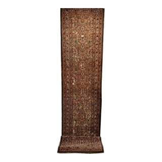 Antique Persian Serab Camel Hair Runner Rug, Hand-Knotted Wool, Geometric Pattern, Red & Green, 3x19 For Sale