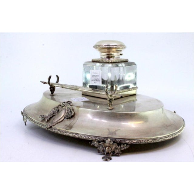 Silver and Glass Inkwell with Pen Holder, Monogram Plaque and Raised Feet For Sale - Image 4 of 6