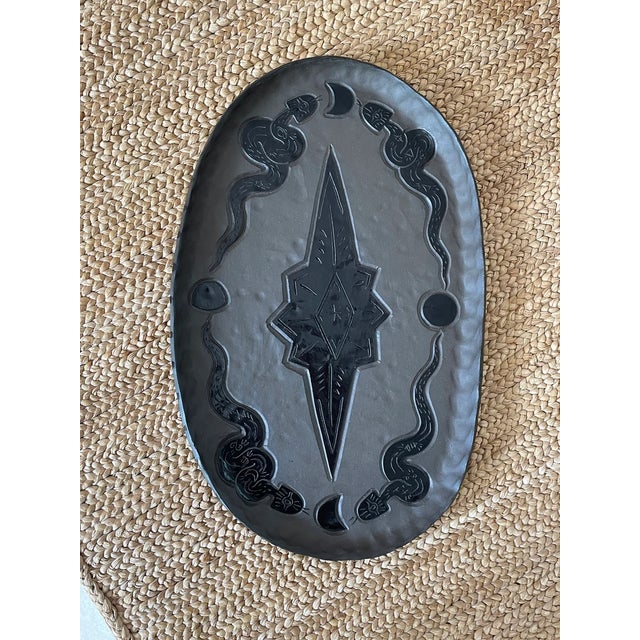 Snake Spirit Plate with Star and Moon Phases in Black Glaze on Matte Dark Brown Clay For Sale - Image 10 of 11