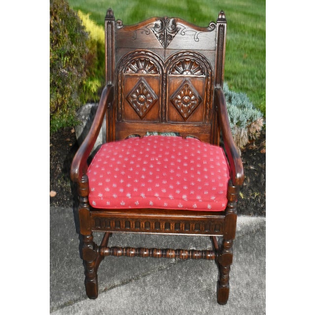 1920s Antique Kittinger Solid Oak Carved Tudor Style Chair W/Pillow For Sale - Image 5 of 13