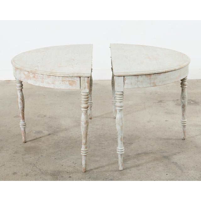 Pair of Swedish Gustavian Style Painted Pine Demilune Consoles For Sale - Image 9 of 12