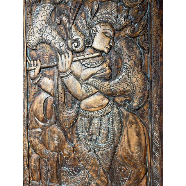 Mid-Century Modern Krishna Carved Wall Panel Barn Door Brown Reclaimed Wood Home Wall Art 84x41 For Sale - Image 3 of 7