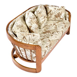 Howard Solid Oak Curved Spindle Back Oak Loveseat With Neutral Botanical Fabric For Sale