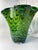 Stunning green Murano style bouquet vase with a spiral pulled feather pattern and ruffled shape. Dark and light green...