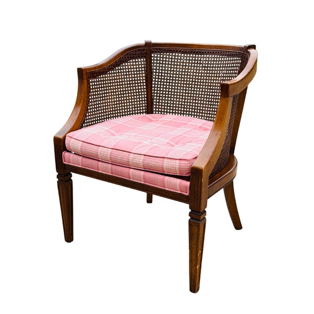 Vintage Mid-Century Modern Cane Barrel-Back Armchair | Hollywood Regency Neoclassical Revival | Tufted Pink Plaid Upholstery For Sale - Image 6 of 18
