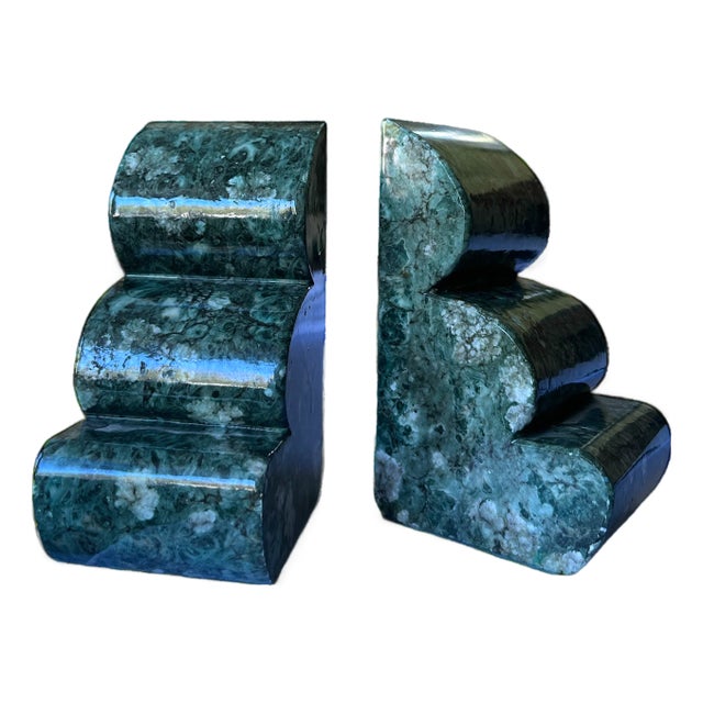 Mid-Century Italian Scalloped Green Marble Bookends for Rosenthal Netter — In the Style of Marcello Fantoni & Aldo Tura For Sale