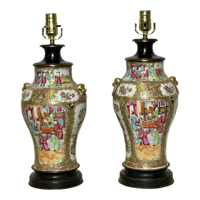 Pair of Ceramic Oriental Table Lamps, Decoration, Bronze, 19th C