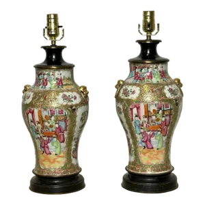 Pair of Ceramic Oriental Table Lamps, Decoration, Bronze, 19th C.