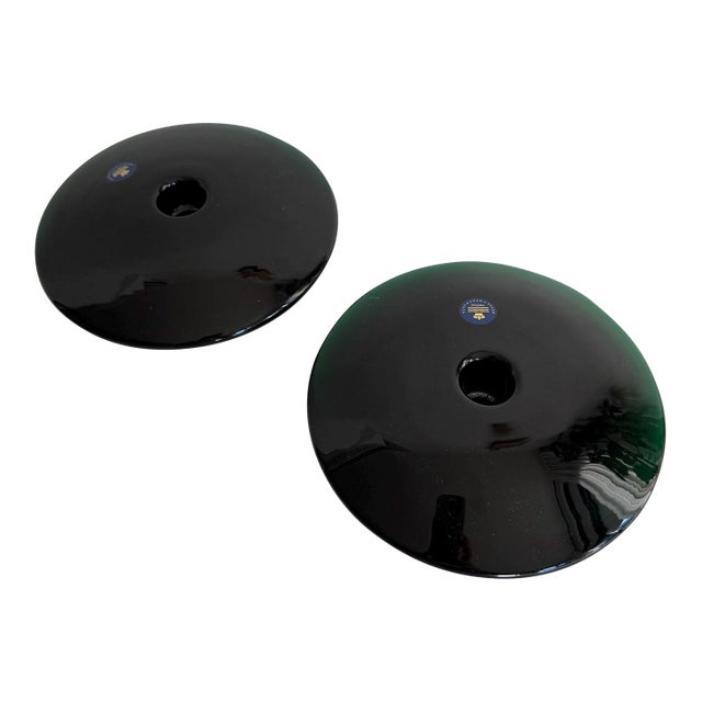 Pair of Royal Copenhagen Per Lütken Dark Green Glass Disk Candlesticks – Danish Modern – Original Boxes For Sale