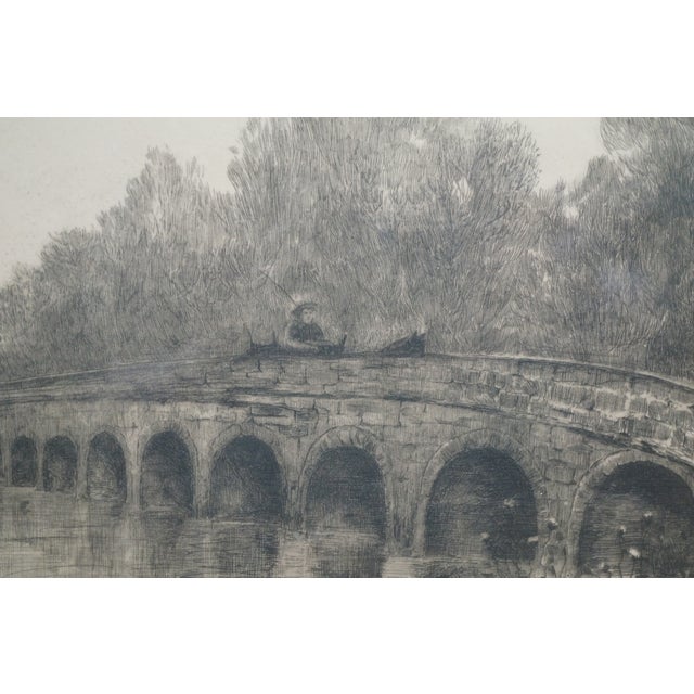 Antique Louis Kinney Harlow Signed Stone Bridge River Landscape Etching 27" For Sale - Image 11 of 11