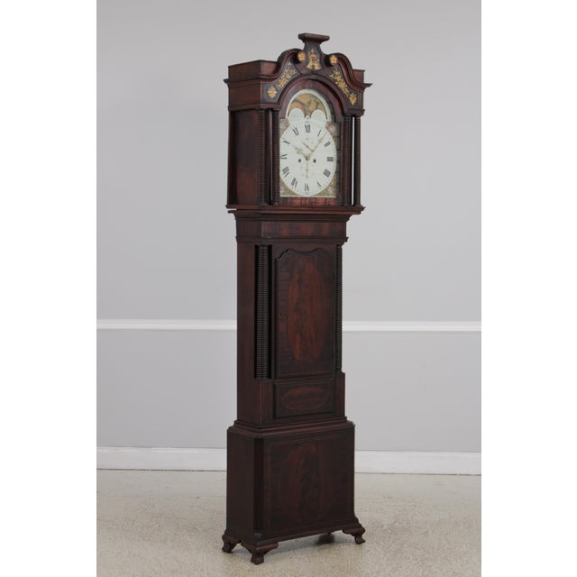 English Antique 18th C. English 8 Day Flame Mahogany Grandfather Clock For Sale - Image 3 of 18