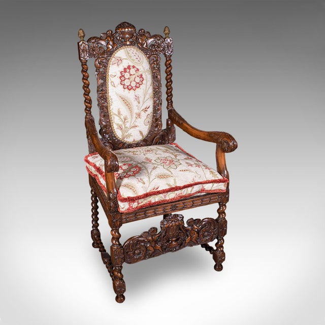 1900 - 1909 Pair of Antique Charles II Revival Arm Chairs, English, Elbow Seat, Edwardian For Sale - Image 5 of 12