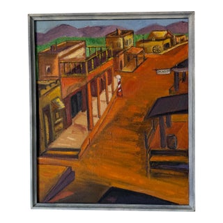 1970s Vintage Southwestern Townscape Oil on Canvas Painting, Framed For Sale