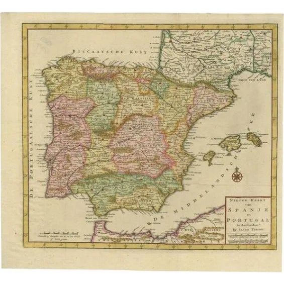 Antique Map of Spain and Portugal by Tirion, 1760 For Sale