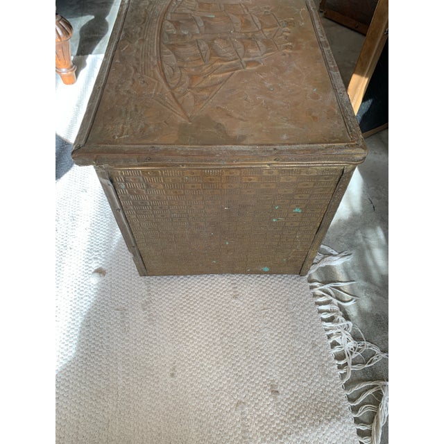 Antique Brass Clad Nautical Wood Box Sailing Ships For Sale - Image 10 of 12