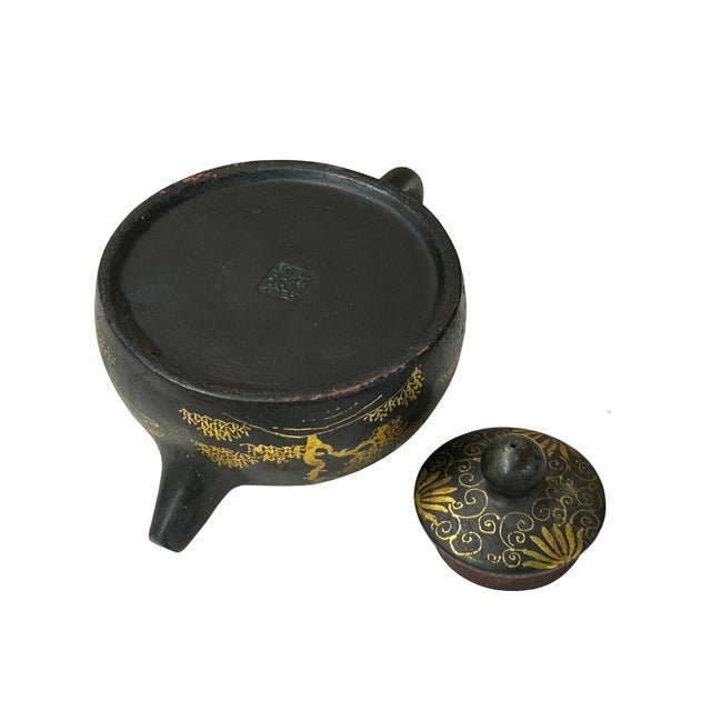 Chinese Vintage Chinese Black Golden Graphic Zisha Clay Teapot Art Display For Sale - Image 3 of 10