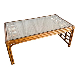 Boho Chic Rattan and Wicker Inlaid Glass Top Coffee Table For Sale