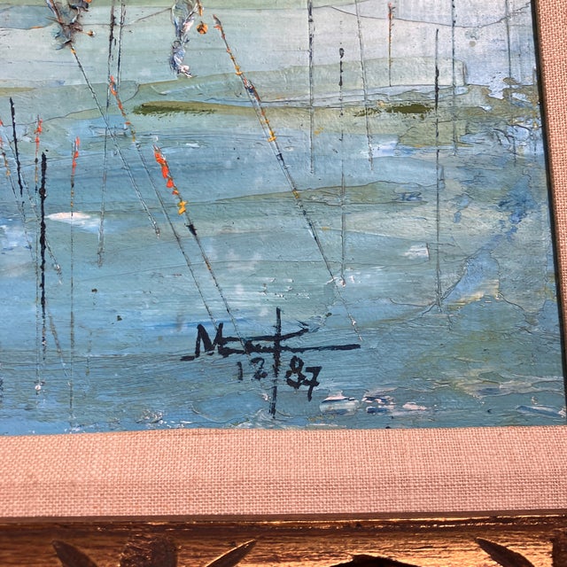 Abstract 1980’s Original Impressionist/Abstract Sailboat Mooring Sausalito California Painting Vintage Carved Wood Frame Signed For Sale - Image 3 of 7