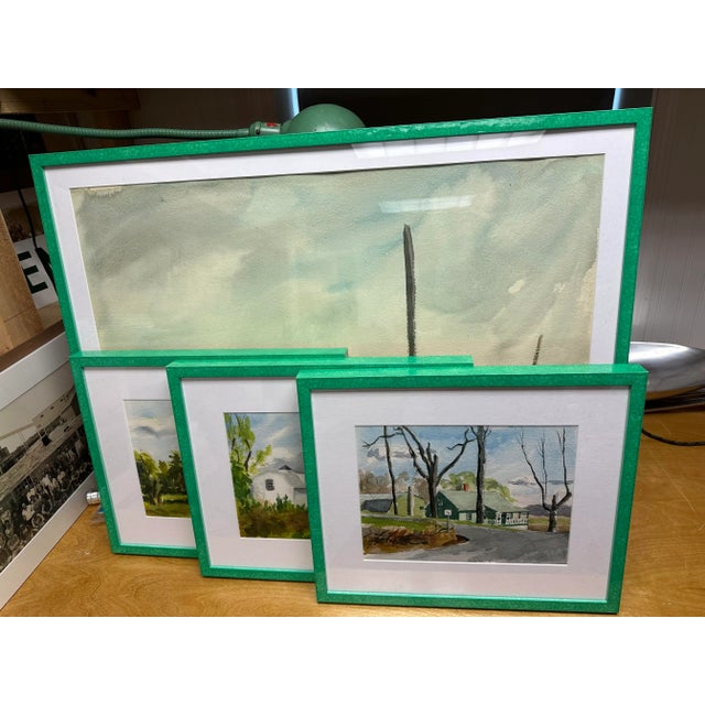 Late 20th Century Three Vintage Watercolors of Homes Among Trees in New Modern Green Glazed Frames For Sale - Image 9 of 10